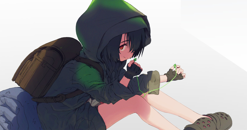 alphabet_(alphabetnoon) anosillus_ii backpack bag black_hair braid closed_mouth commentary_request crocs earbuds earphones female film_grain fingerless_gloves gloves gridman_universe highres hood hood_up hoodie long_hair long_sleeves looking_at_viewer looking_to_the_side profile randoseru red_eyes simple_background sitting sleeping_bag sleeves_rolled_up smile solo ssss.gridman twin_braids white_background