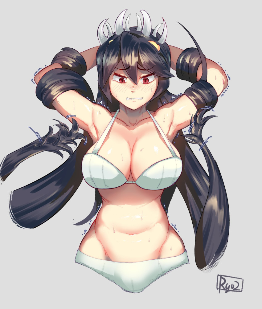 armpits arms_behind_head arms_up belly black_hair blush bra breasts cleavage clenched_teeth commentary_request cowboy_shot cropped_legs female filia_(skullgirls) grey_background grimace groin hair_between_eyes hair_bondage half-closed_eyes highres large_breasts long_hair looking_at_viewer narrow_waist navel panties prehensile_hair red_eyes restrained ryuji_(red-truth) samson_(skullgirls) sharp_teeth signature simple_background skullgirls stomach sweat teeth tickling tickling_armpits underwear underwear_only very_long_hair wavy_mouth white_bra white_panties