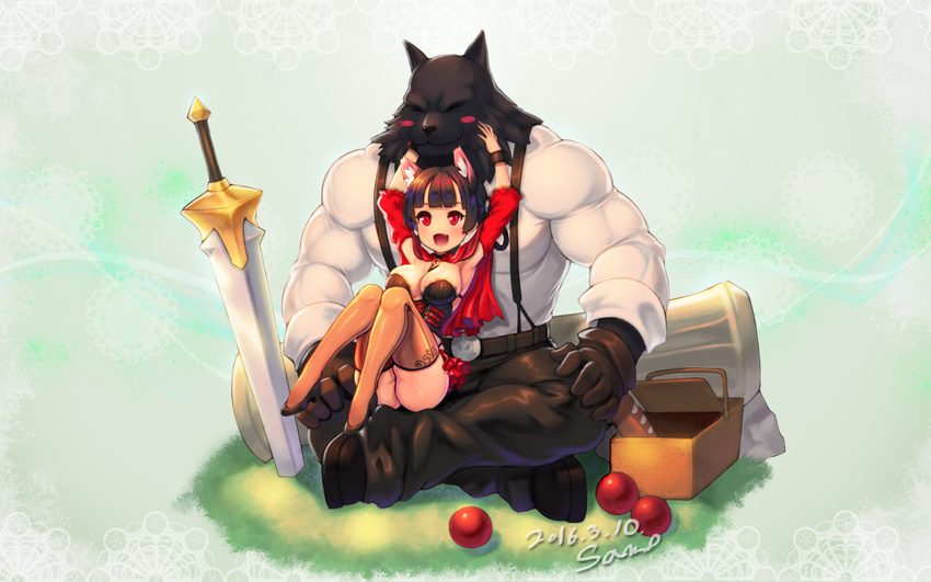 1boy :d animal_ears apple armpits arms_up basket blush blush_stickers bread breasts brown_legwear cat_ears cleavage commentary_request couple delia_(mabinogi) ecell female food fruit hair_rings highres large_breasts little_red_riding_hood loaf_of_bread mabinogi mabinogi_heroes oerba_yun_fang open_mouth photoshop_(medium) short_hair sitting sitting_on_lap sitting_on_person smile straight suspenders sword thighhighs weapon wolf wolf_ears