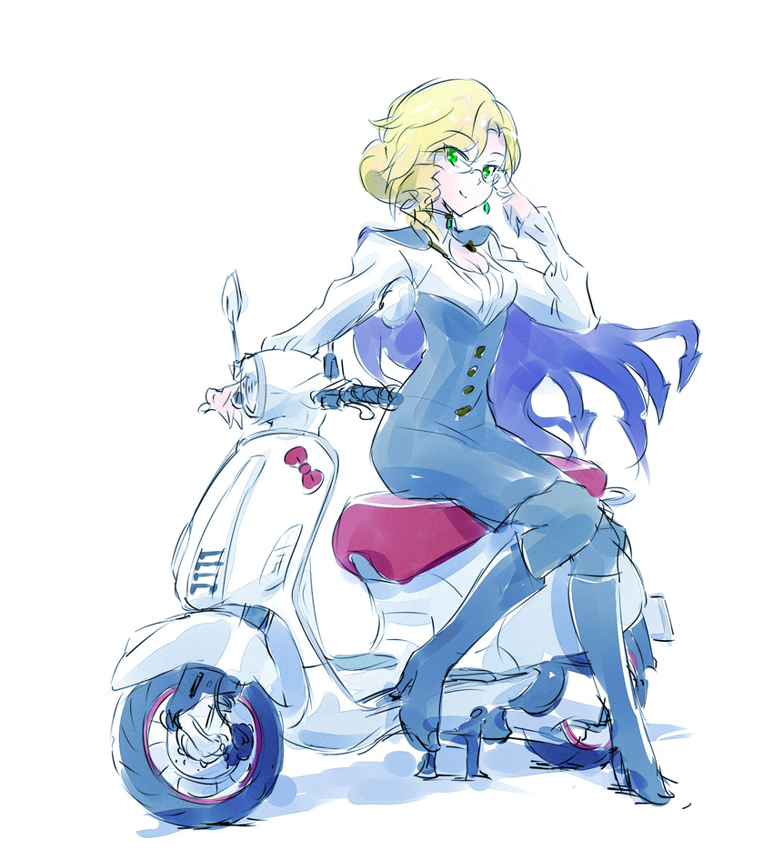 blonde_hair cape commentary earrings female full_body glasses glynda_goodwitch green_eyes highres iesupa jewelry motor_vehicle necklace on_scooter pantyhose rwby scooter sitting smile solo