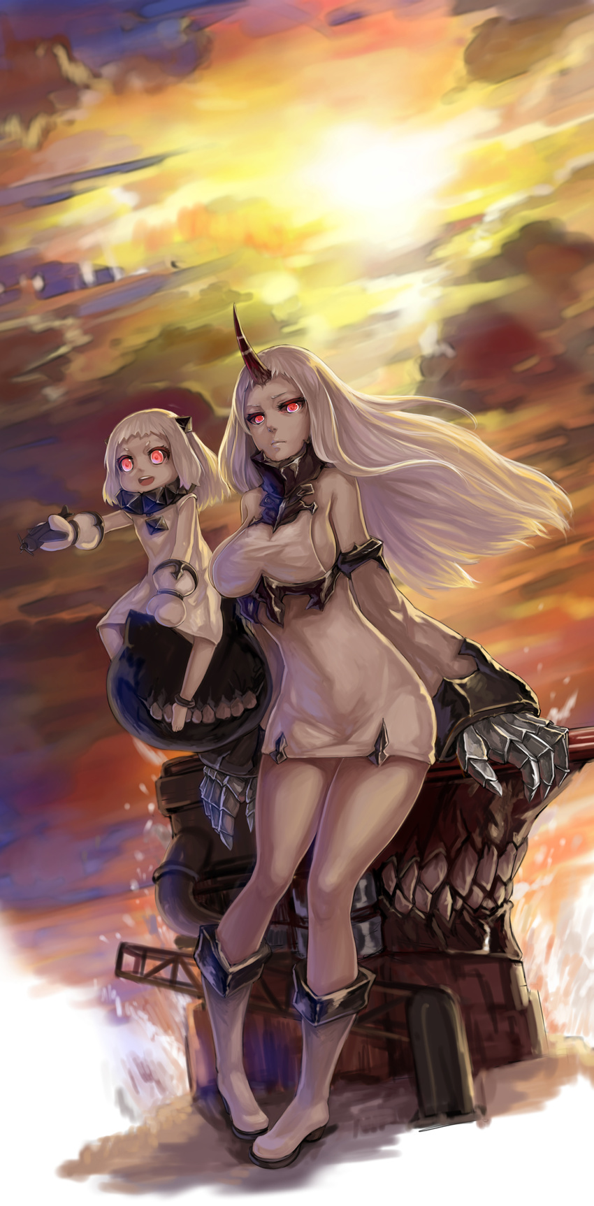 2girls :d absurdres abyssal_ship ahoge barefoot claws colored_skin commentary detached_sleeves dress fuuko_chan highres horns kantai_collection long_hair machinery mittens multiple_girls northern_ocean_princess open_mouth photoshop_(medium) red_eyes seaport_princess sitting smile white_dress white_hair white_skin