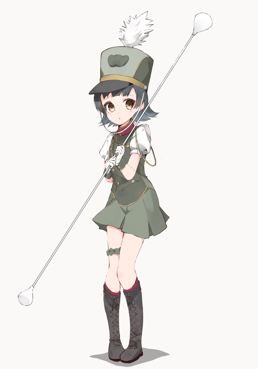 :o alternate_costume arare_(kancolle) black_hair blush boots bridal_garter brown_eyes commentary_request cosplay cross-laced_footwear female full_body gloves hat highres kantai_collection lace-up_boots looking_at_viewer marching_band_baton ooyama_imo short_hair simple_background skirt solo wanda_(wonder_festival) wanda_(wonder_festival)_(cosplay) white_background white_gloves wonder_festival_mascots