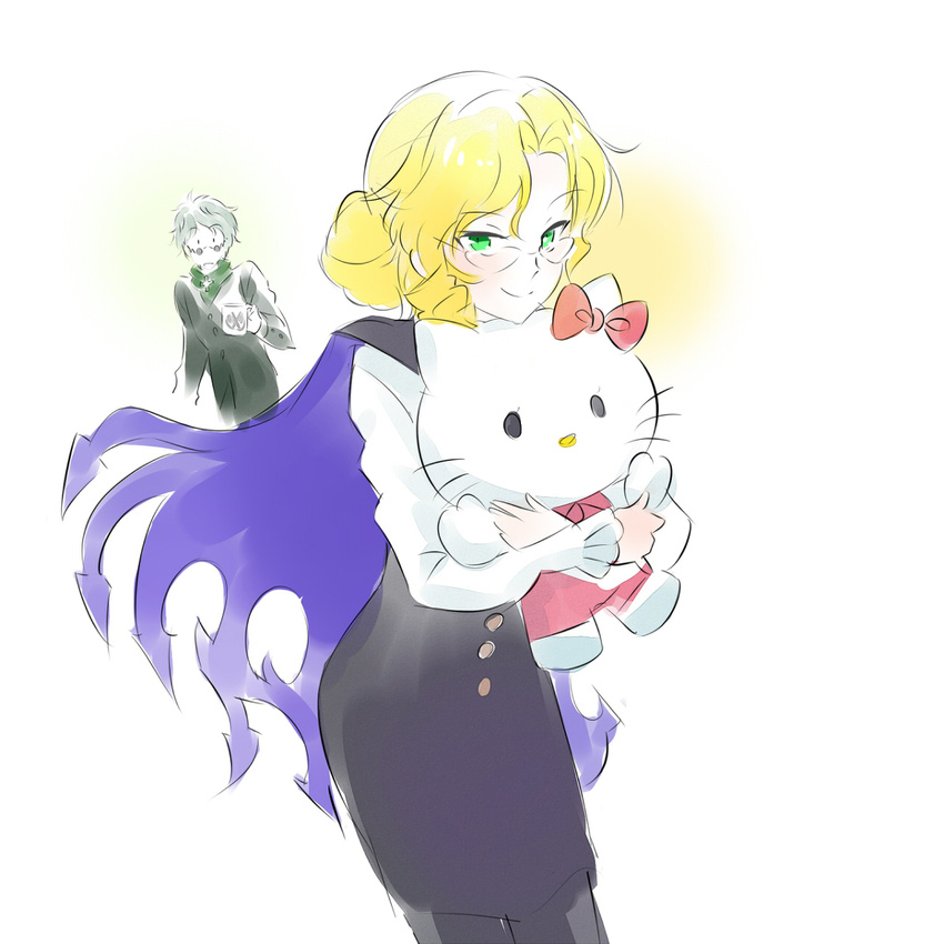 1boy blonde_hair doll female glasses glynda_goodwitch hello_kitty hug iesupa pixiv_manga_sample professor_ozpin rwby smile white_hair