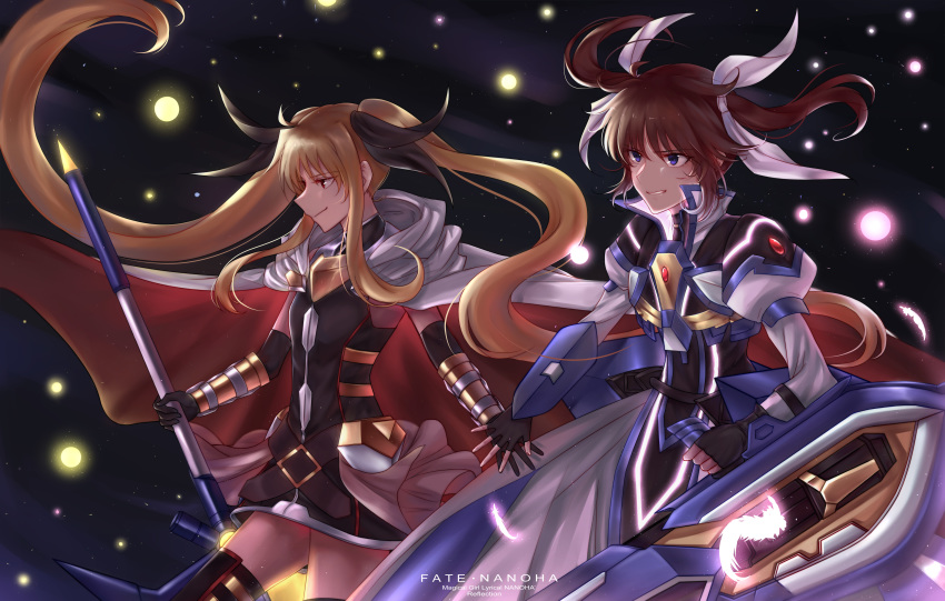 2girls absurdres bardiche_(nanoha) bardiche_(zanber_form)_(nanoha) black_bow black_ribbon blonde_hair bodysuit bow brown_hair cape chinese_commentary closed_mouth commentary_request elbow_gloves fate_testarossa fate_testarossa_(blaze_form_ii) feathers fingerless_gloves gauntlets gloves glowing hair_between_eyes hair_ribbon hand_on_another's_hand highres holding holding_weapon long_hair looking_to_the_side low-tied_long_hair lyrical_nanoha magical_girl mahou_shoujo_lyrical_nanoha_reflection multiple_girls night night_sky parted_lips purple_eyes red_eyes ribbon short_hair short_twintails sky spotlight_(artist) star_(symbol) strike_cannon takamachi_nanoha takamachi_nanoha_(formula_mode) thighhighs twintails very_long_hair weapon white_bow white_ribbon