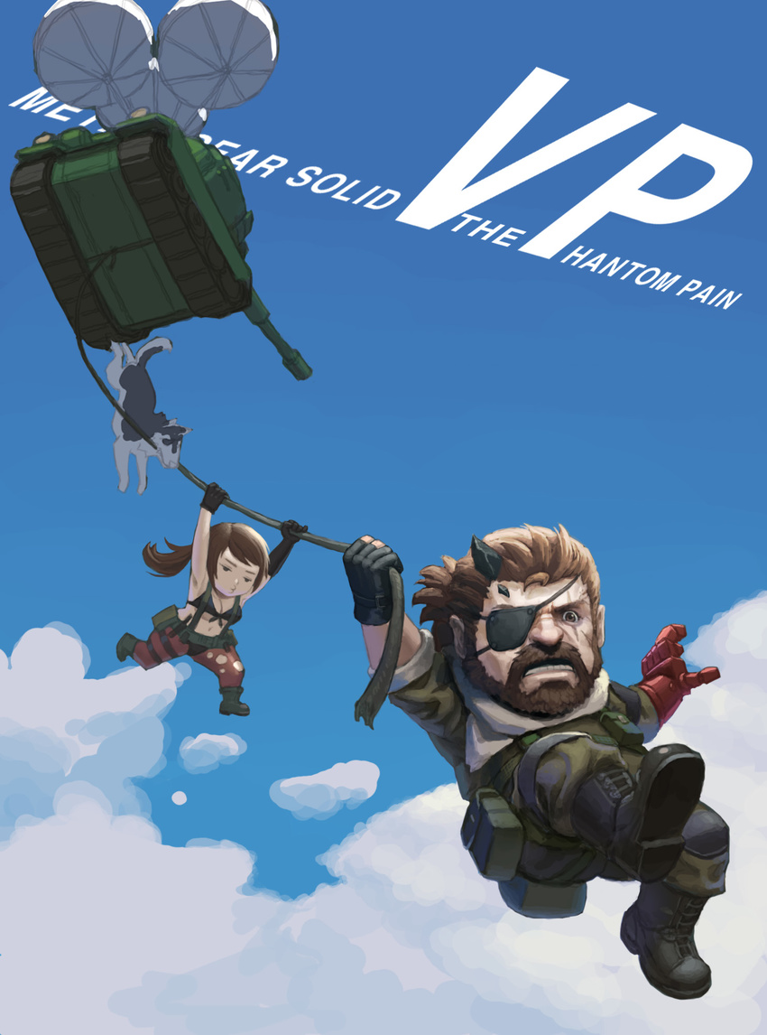 1boy brown_hair chibi cloud commentary_request day diamond_dog eyepatch falling female highres long_hair loped metal_gear_(series) metal_gear_solid metal_gear_solid_v:_the_phantom_pain military military_vehicle motor_vehicle pantyhose parachute parody photoshop_(medium) ponytail quiet_(metal_gear) rope russell_(up) sky tank torn_clothes torn_pantyhose up_(disney) venom_snake wolf