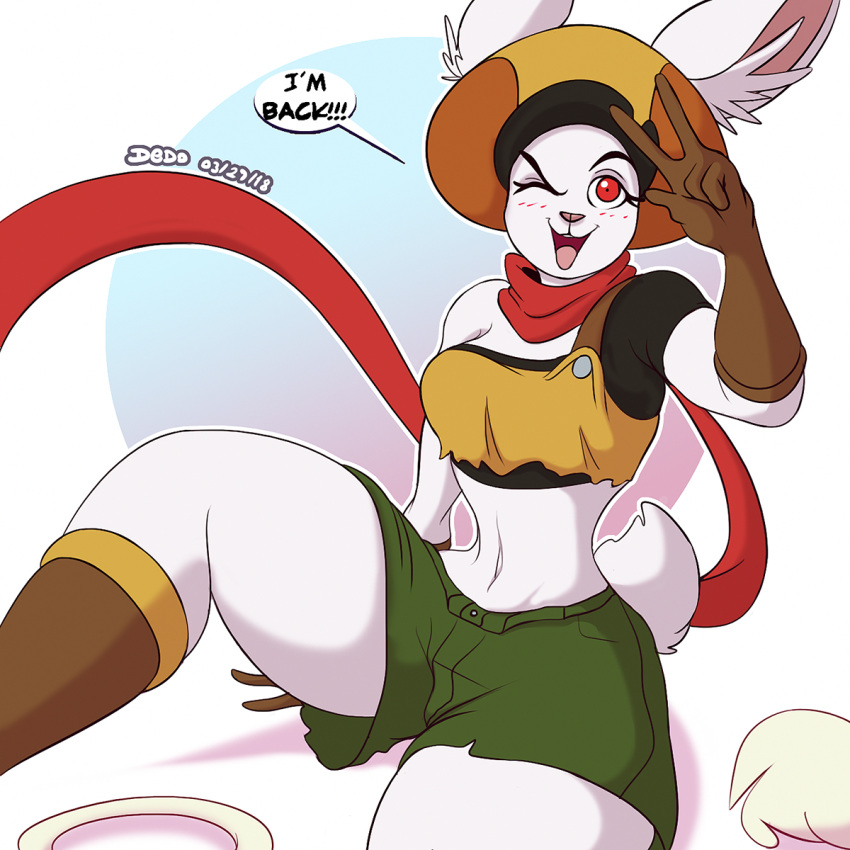 1:1 2018 anthro bare_shoulders clothed clothing dedoarts dialogue digital_media_(artwork) dragon_ball dragon_ball_super english_text female hi_res lagomorph leporid looking_at_viewer mammal midriff navel one_eye_closed open_mouth rabbit red_eyes solo sorrel text thick_thighs wide_hips wink