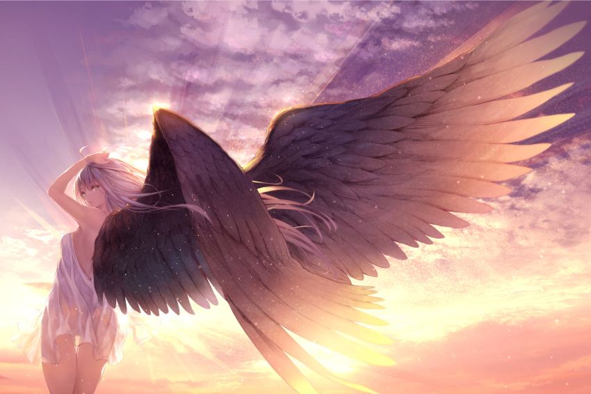 aqua_eyes arms_up bare_shoulders blue_sky cloud commentary_request dress feathered_wings female from_behind long_hair looking_at_viewer looking_back open_mouth original ryouku see-through sky solo standing sunrise white_dress white_hair wind wings