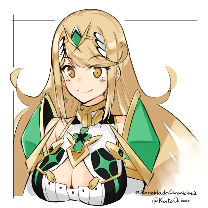 armor blonde_hair breasts cleavage cleavage_cutout clothing_cutout commentary_request earrings female gem headpiece highres jewelry large_breasts long_hair mythra_(xenoblade) oliver_koito solo swept_bangs tiara xenoblade_chronicles_(series) xenoblade_chronicles_2 yellow_eyes