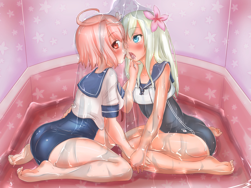 2girls blonde_hair blue_eyes commentary_request crop_top h2o_uw highres i-58_(kancolle) kantai_collection kissing long_hair multiple_girls one-piece_swimsuit pink_hair red_eyes ro-500_(kancolle) school_swimsuit school_uniform serafuku serasuku short_hair swimsuit swimsuit_under_clothes tan tanlines water yuri