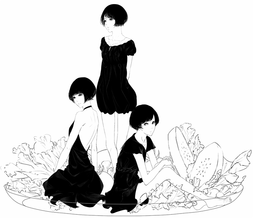 3girls arms_behind_back back barefoot black_hair bob_cut dress highres lettuce monochrome multiple_girls open-back_dress original salad sawasawa short_dress short_hair sitting standing