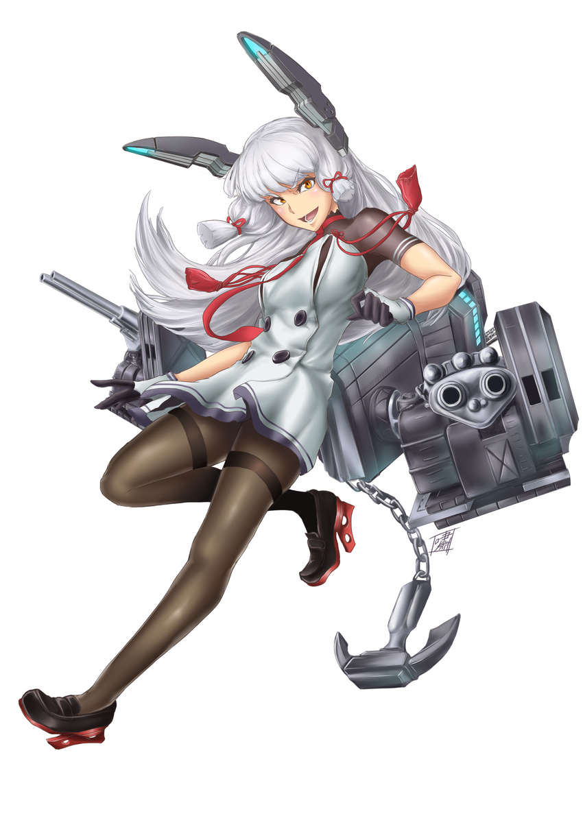 :d absurdres aiming aiming_at_viewer anchor aqua_hair black_pantyhose blunt_bangs brown_eyes clenched_hand commentary_request female full_body gloves headgear highres kantai_collection leg_up loafers long_hair looking_at_viewer machinery murakumo_(kancolle) murakumo_kai_ni_(kancolle) necktie open_mouth pantyhose shao_(newton) shoes sidelocks simple_background smile solo thighband_pantyhose v-shaped_eyebrows white_background