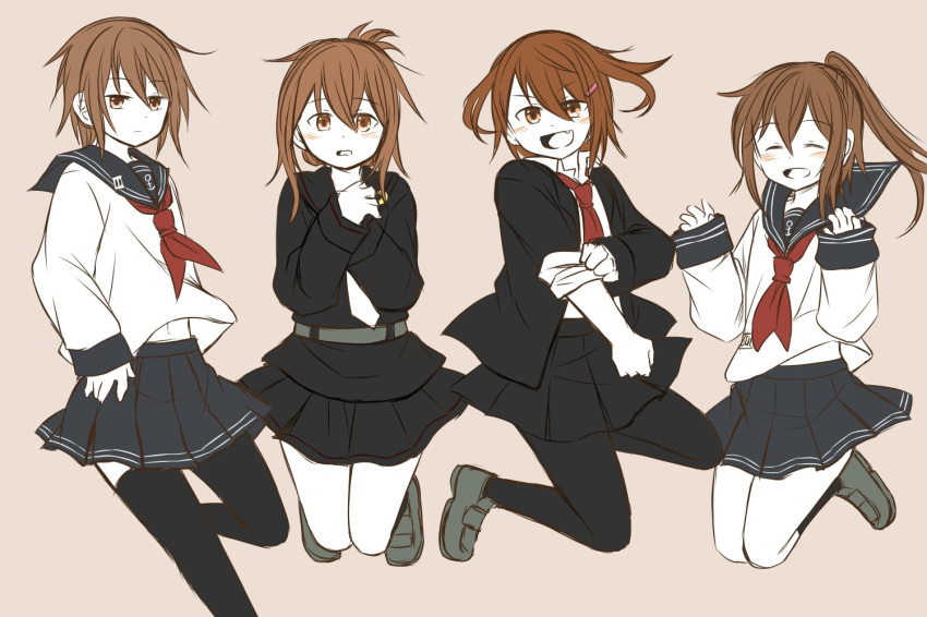 4girls anchor_symbol blazer brown_eyes brown_hair closed_eyes commentary cosplay costume_switch fumizuki_(kancolle) fumizuki_(kancolle)_(cosplay) hair_ornament hairclip ikazuchi_(kancolle) ikazuchi_(kancolle)_(cosplay) inazuma_(kancolle) inazuma_(kancolle)_(cosplay) jacket jumping kantai_collection loafers long_hair multiple_girls navel oerba_yun_fang open_mouth pantyhose pleated_skirt ponytail sailor_collar sailor_collar_lift school_uniform serafuku shoes short_hair simple_background skirt sleeves_rolled_up sorata_(sorairo_honpo) thighhighs uniform wakaba_(kancolle) wakaba_(kancolle)_(cosplay)