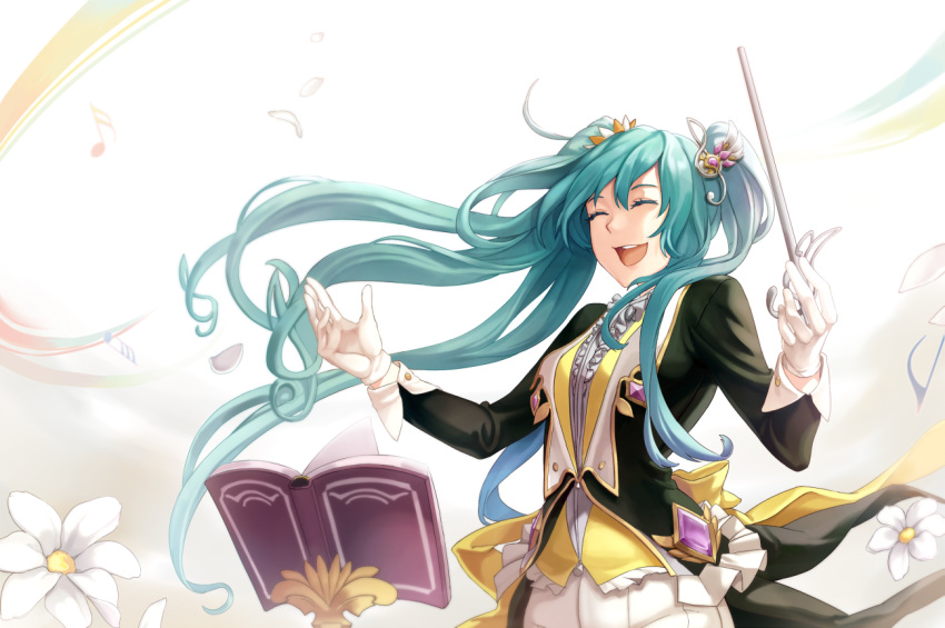 aqua_hair arms_up bad_id bad_pixiv_id book closed_eyes coattails conductor cowboy_shot ddaomphyo flower frills gloves hair_flower hair_ornament hatsune_miku long_hair long_sleeves musical_note musical_note_hair_ornament open_mouth petals smile solo stand twintails upper_teeth very_long_hair vest vocaloid wand white_gloves