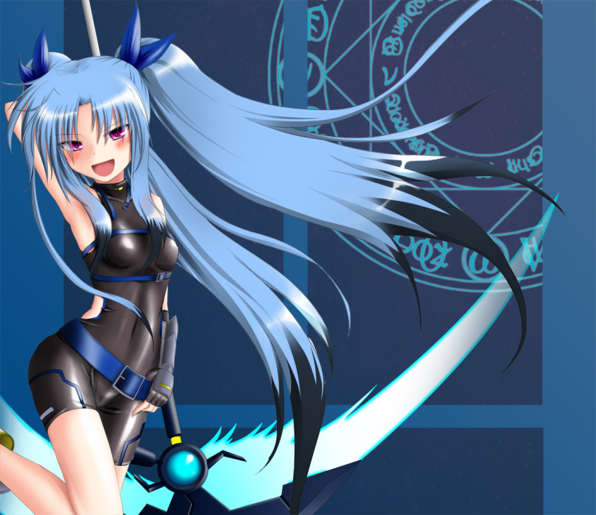 blue_hair bodysuit lyrical_nanoha magical_girl mahou_shoujo_lyrical_nanoha_innocent material-l red_eyes scythe weapon