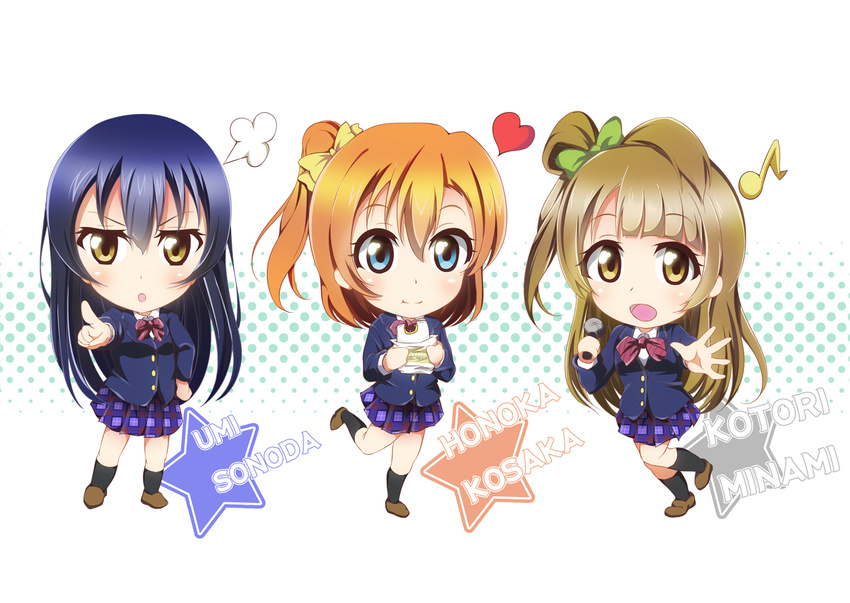 3girls :d :o black_hair black_socks blazer blue_eyes bow brown_eyes brown_hair character_name commentary_request eating eighth_note girl_sandwich hair_ribbon hairbow heart holding jacket kneehighs kosaka_honoka loafers long_hair looking_at_viewer love_live! love_live!_school_idol_project microphone minami_kotori multiple_girls musical_note one_side_up open_mouth otonokizaka_school_uniform photoshop_(medium) plaid plaid_skirt pleated_skirt pointing pointing_at_viewer ribbon sandwiched school_uniform shoes short_hair skirt smile socks sonoda_umi standing standing_on_one_leg v-shaped_eyebrows yellow_bow yuu_(oosakazaijyuu)