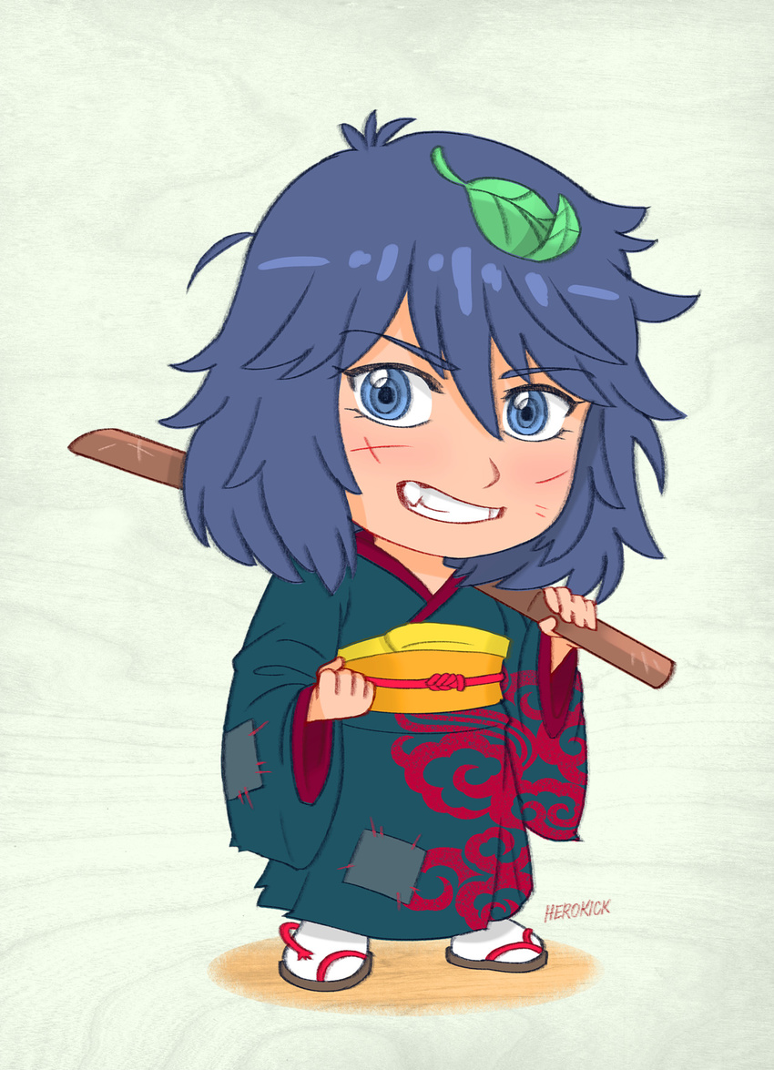 blue_eyes chibi fangs herokick highres japanese_clothes kendo_sword kill_la_kill kimono leaf leaf_on_head matoi_ryuuko multicolored_hair patches sandals scar scratches short_hair smile streaked_hair