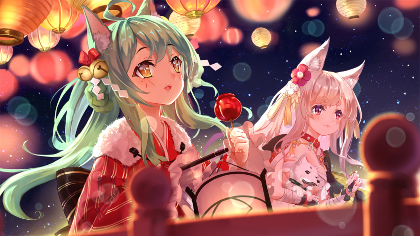 2girls :3 :d ahoge akashi_(akashi's_in_the_red_nya!)_(azur_lane) akashi_(azur_lane) animal animal_ears azur_lane bandaged_arm bandages bell black_bow blurry blurry_foreground bow braid breasts bridal_gauntlets brown_eyes budget_sarashi camellia candy_apple canine cat_ears cleavage closed_mouth commentary_request depth_of_field fingernails flower food green_hair hair_bell hair_flower hair_ornament hairbow holding holding_food japanese_clothes jingle_bell kimono lantern large_breasts light_brown_hair long_hair long_sleeves looking_away looking_up multiple_girls nail_polish night official_alternate_costume open_mouth outdoors paper_lantern purple_eyes purple_nails red_bow red_flower red_kimono sarashi shan-n shide sky sleeves_past_fingers sleeves_past_wrists smile star_(sky) starry_sky striped_clothes striped_kimono thick_eyebrows vertical-striped_clothes vertical-striped_kimono very_long_hair white_flower wide_sleeves wolf_ears yuudachi_(azur_lane) yuudachi_(shogun_of_snowballs)_(azur_lane)