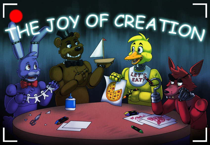 animatronic anthro avian bear bib bird blue_eyes bonnie_(fnaf) bow_(feature) bow_tie canid canine chica_(fnaf) chicken clothing eye_patch eyewear female five_nights_at_freddy's fox foxy_(fnaf) freddy_(fnaf) galliform gallus_(genus) gold_(metal) gold_tooth group hat headgear headwear hook hook_hand lagomorph leporid machine male mammal phasianid pink_eyes pirate purple_eyes rabbit robot scottgames top_hat vir-no-vigoratus yellow_eyes