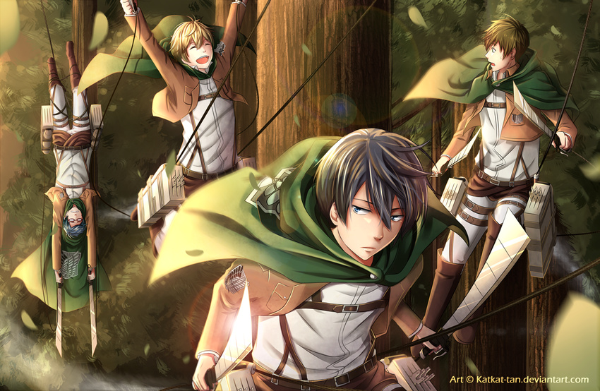 crossover free! hazuki_nagisa katkat-tan nanase_haruka_(free!) ryugazaki_rei shingeki_no_kyojin sword tachibana_makoto tree uniform weapon