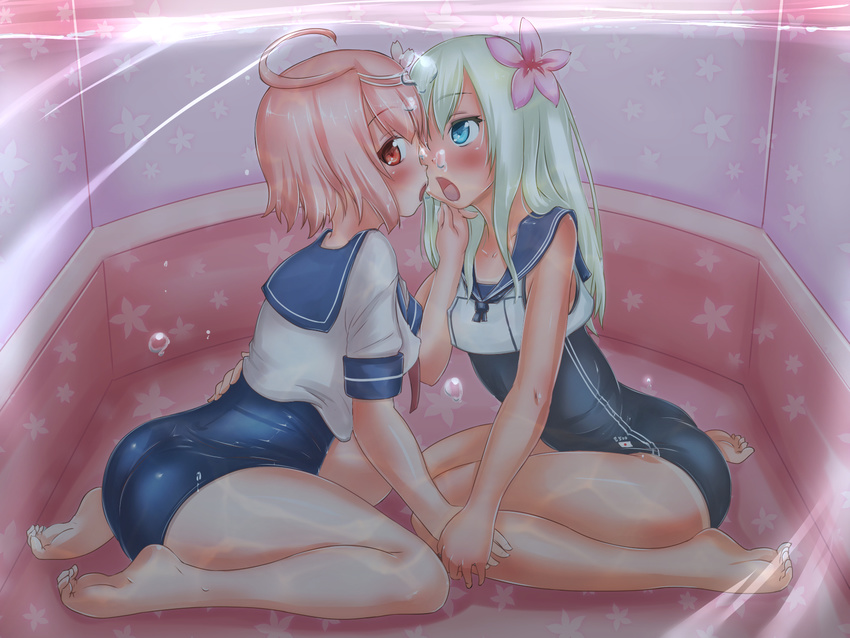 2girls blonde_hair blue_eyes commentary_request crop_top h2o_uw highres i-58_(kancolle) kantai_collection kissing long_hair multiple_girls one-piece_swimsuit pink_hair red_eyes ro-500_(kancolle) school_swimsuit school_uniform serafuku short_hair swimsuit swimsuit_under_clothes tan tanlines underwater water yuri