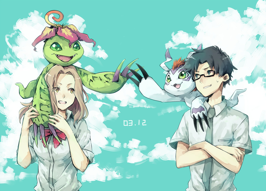 bad_id bad_pixiv_id blue_eyes brown_eyes brown_hair commentary_request digimon digimon_(creature) digimon_adventure digimon_adventure_tri. female glasses gomamon green_eyes highres kido_jo long_hair necktie palmon school_uniform short_hair tachikawa_mimi takase_(takase1214) tsukishima_general_high_school_uniform