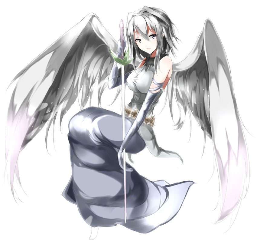 bare_shoulders commentary_request dress elbow_gloves engi_threepiece feathered_wings female flower full_body fur_collar gloves grey_dress grey_eyes grey_gloves grey_hair grey_theme grey_wings hair_intakes highres holding holding_sword holding_weapon long_dress long_skirt looking_at_viewer namuru open_mouth short_hair simple_background skirt sleeveless sleeveless_dress solo sword symbol-shaped_pupils triangle-shaped_pupils weapon white_background white_wings wings yumekui_merry