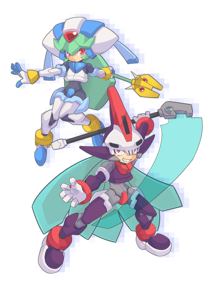 1boy android armor bad_id bad_twitter_id brother_and_sister commentary_request energy_blade female full_body gloves grin helmet highres holding holding_scythe holding_staff holding_weapon knees_together_feet_apart mega_man_(series) mega_man_zx model_w_(mega_man) omeehayo outstretched_arm pandora_(mega_man) power_armor prometheus_(mega_man) red_eyes scythe siblings simple_background skull-shaped_hat smile staff weapon white_background white_gloves