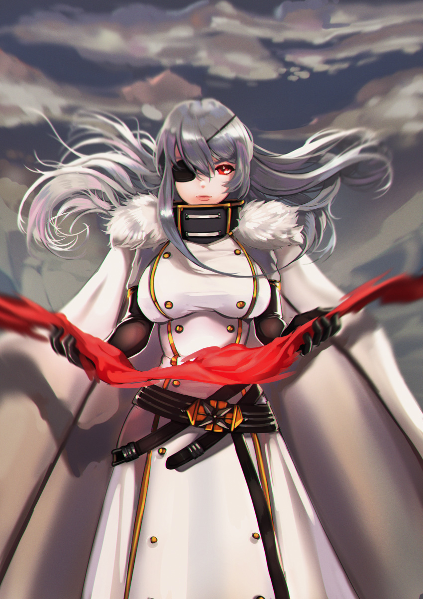 absurdres azur_lane bad_id bad_pixiv_id buckle buttons cape coat coat_dress double-breasted female floating_hair fur-trimmed_cape fur-trimmed_coat fur_trim hat high_collar highres holding holding_scepter ice lionrion military_hat multiple_straps scepter snow sovetskaya_rossiya_(azur_lane) white_cape white_coat white_headwear