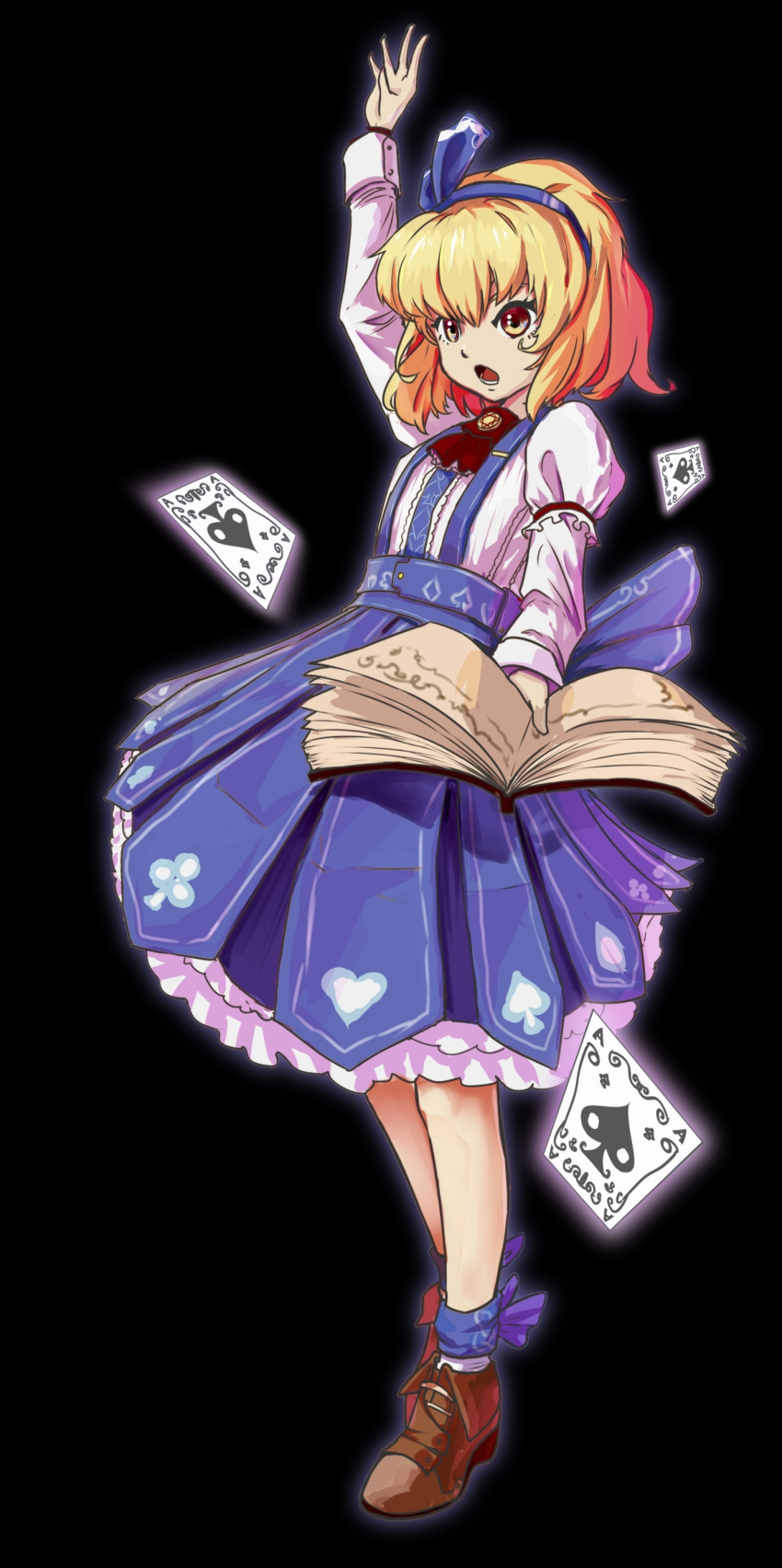 :o absurdres alice_margatroid alice_margatroid_(pc-98) ankle_bow arm_up ascot black_background blonde_hair bloody_cuke blue_bow blue_hairband blue_legwear blue_sash blue_skirt book bow brown_footwear card center_frills chinese_commentary club_(shape) commentary_request diamond_(shape) embellished_costume female frilled_ascot frilled_skirt frills full_body glowing hair_ornament hair_ribbon hairband heart heart_print hexagram high-waist_skirt highres holding holding_book layered_sleeves long_sleeves looking_away open_book open_mouth outline outstretched_arm partial_commentary petticoat playing_card playing_card_print puffy_short_sleeves puffy_sleeves purple_bow red_ascot ribbon sash shoes short_hair short_over_long_sleeves short_sleeves simple_background skirt solo spade_(shape) star_of_david suspender_skirt suspenders touhou touhou_(pc-98) white_legwear yellow_eyes