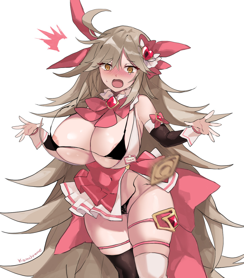 ahoge asymmetrical_legwear bare_shoulders bikini blush breasts brown_eyes brown_hair bursting_breasts cleavage commentary detached_sleeves faucre_the_evil_overlord female flying_button hair_ornament hair_ribbon highres kamchrome large_breasts last_origin long_hair looking_at_viewer micro_bikini mismatched_legwear official_alternate_costume open_mouth ribbon solo strap_break string_bra swimsuit thigh_strap thighhighs very_long_hair wardrobe_malfunction