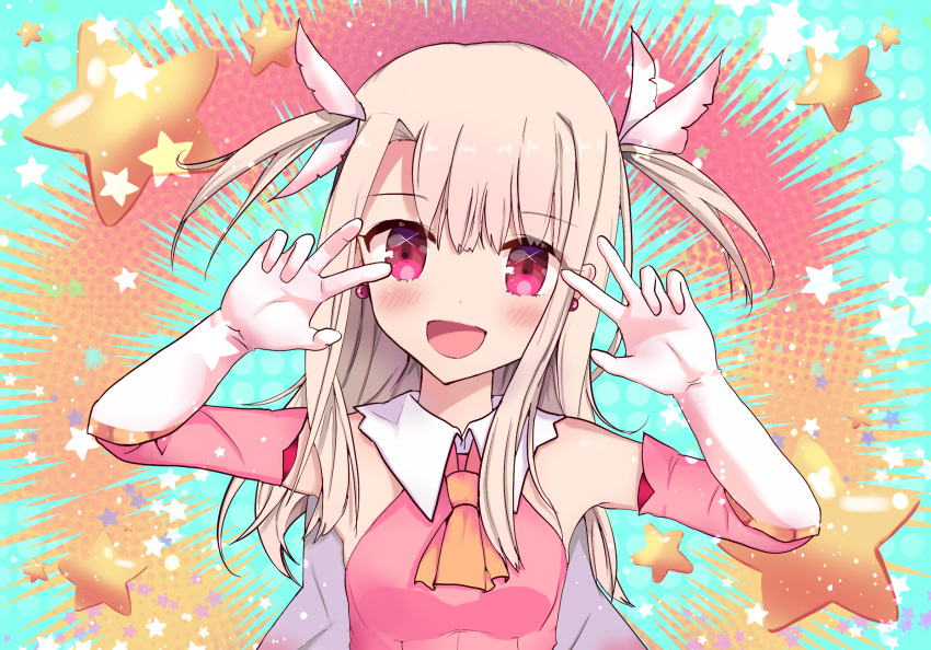 :d ascot bare_shoulders blue_background blush breasts cape double_v dress earrings emotional_engine_-_full_drive fate/grand_order fate/kaleid_liner_prisma_illya fate_(series) feather_hair_ornament feathers female gloves hair_ornament hands_up highres illyasviel_von_einzbern isuzu_(an_icy_cat) jewelry magical_girl open_mouth parody pink_background pink_dress pink_eyes pink_feathers pink_sleeves prisma_illya small_breasts smile solo sparkle star_(symbol) two-tone_background two_side_up v white_cape white_gloves white_hair