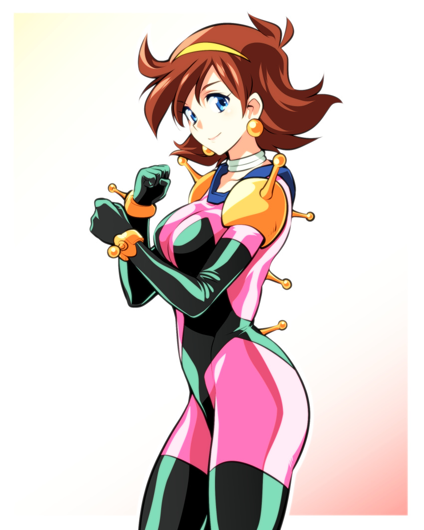 absurdres blue_eyes bodysuit breasts brown_hair clenched_hands commentary_request earrings female g_gundam gundam hairband highres ishiyumi jewelry large_breasts looking_at_viewer looking_to_the_side mobile_trace_suit neck_ring pink_bodysuit rain_mikamura short_hair skin_tight smile solo sphere_earrings