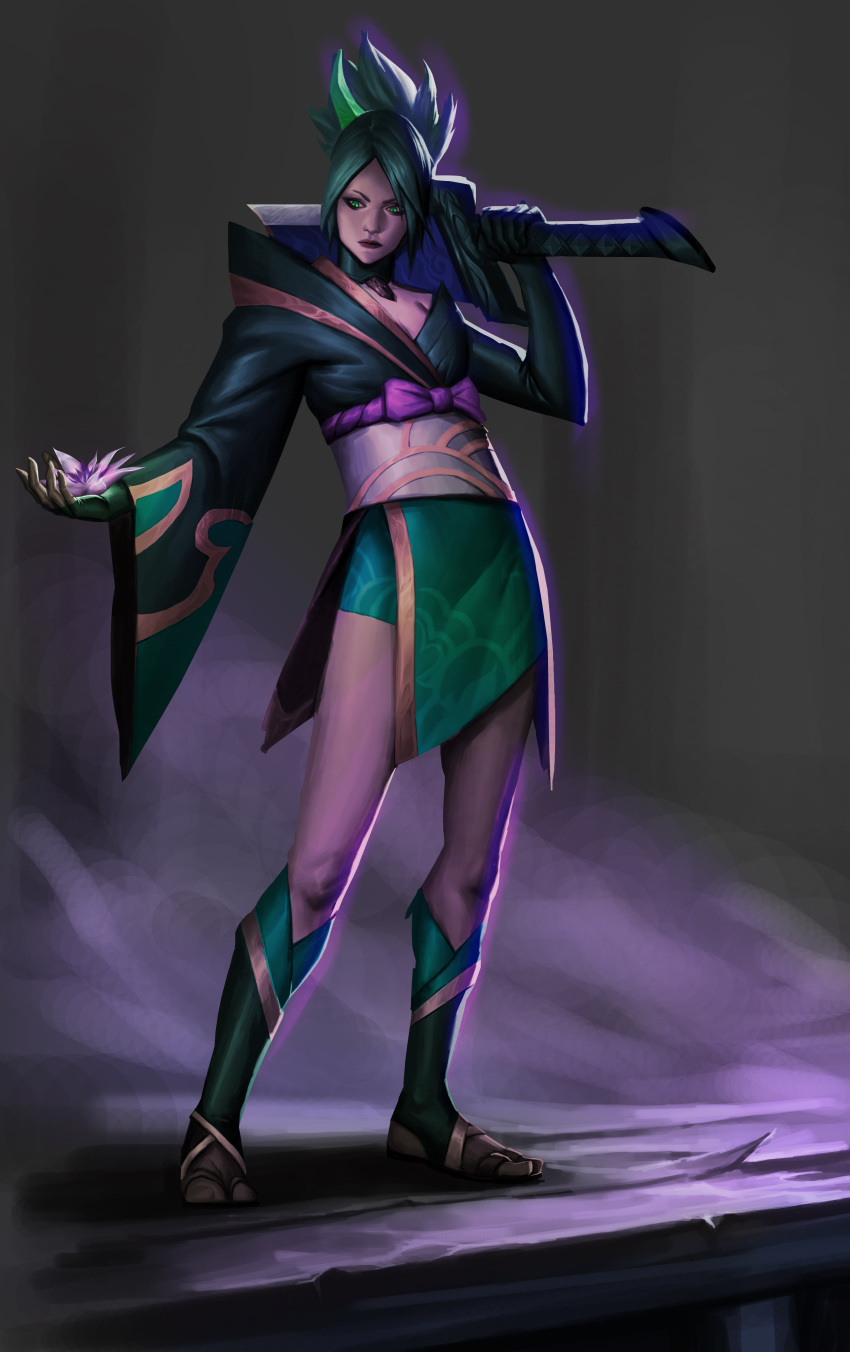 absurdres alternate_color black_kimono bow female full_body green_hair green_kimono highres holding holding_weapon horns japanese_clothes kimono kong_ling_hai league_of_legends long_sleeves obi over_shoulder parted_bangs pink_bow riven_(league_of_legends) sash single_bare_shoulder single_horn solo spirit_blossom_riven standing weapon weapon_over_shoulder wide_sleeves