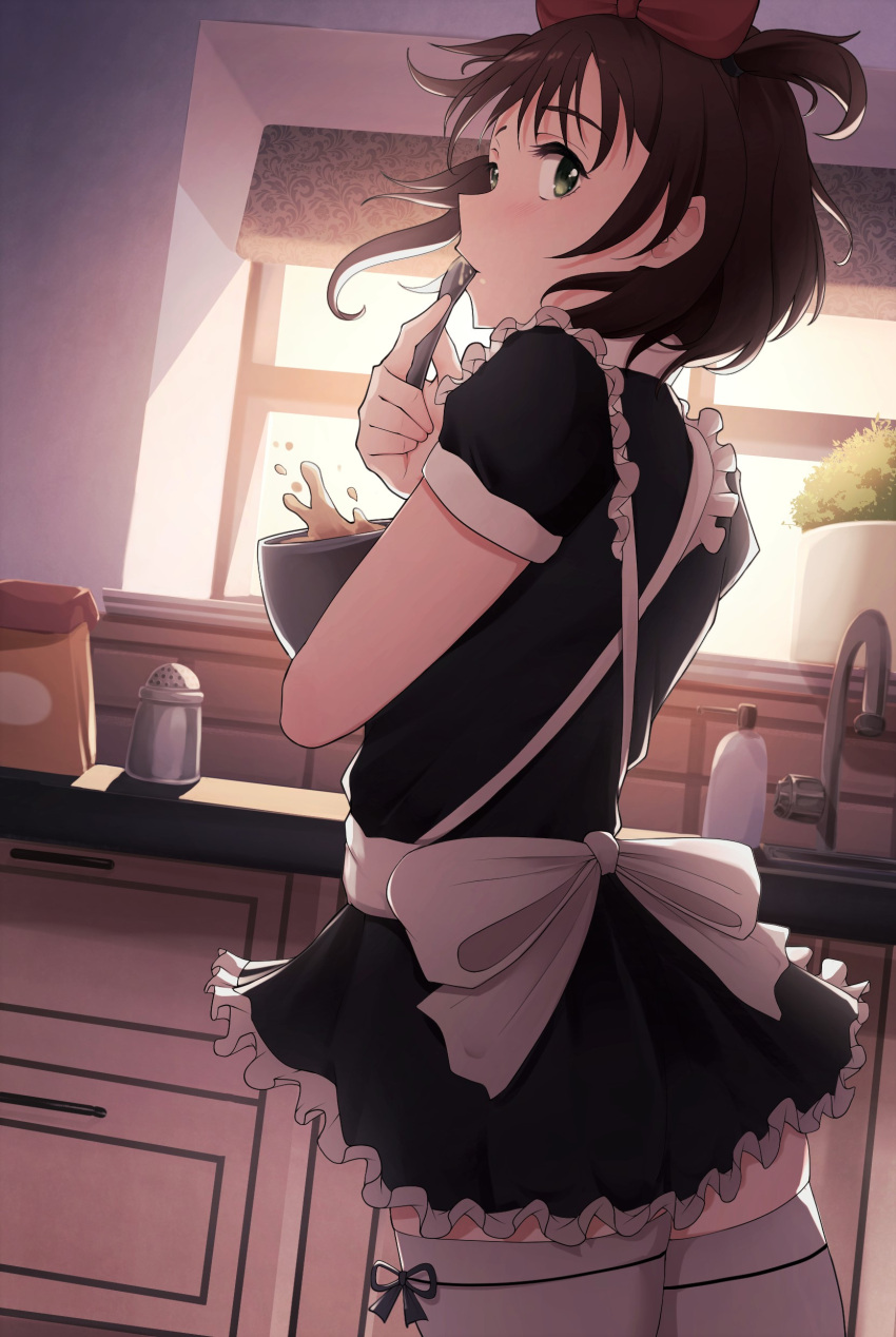 absurdres apron baking black_dress bow breasts brown_hair commentary commission dress female flour food frills green_eyes gueya hairbow highres hiroishi_rin indoors kitchen looking_at_viewer looking_back maid maid_apron red_bow sink solo spoon standing tasting thighhighs utensil_in_mouth white_thighhighs window zettai_shougeki