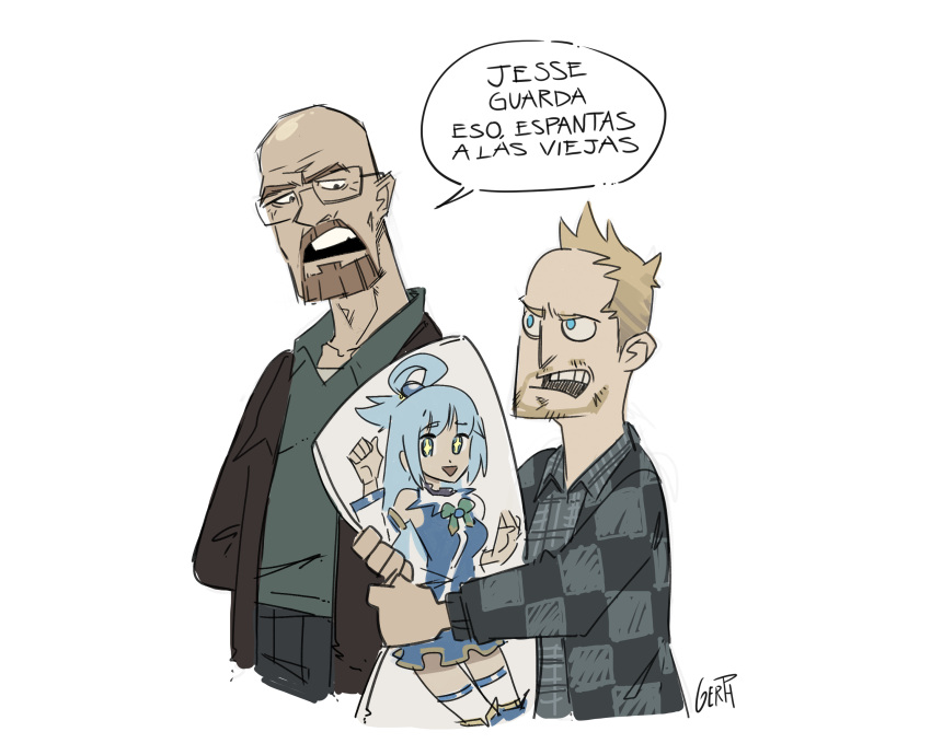 2boys absurdres anachronism aqua_(konosuba) artist_name bald black_jacket blonde_hair blue_eyes blue_shirt breaking_bad checkered_clothes checkered_jacket collared_shirt dakimakura_(object) gerph glasses grey_jacket grey_shirt highres holding holding_pillow jacket jesse_pinkman kono_subarashii_sekai_ni_shukufuku_wo! looking_up male_focus multiple_boys open_mouth pillow shirt simple_background single_hair_ring spanish_text translated walking walter_white white_background