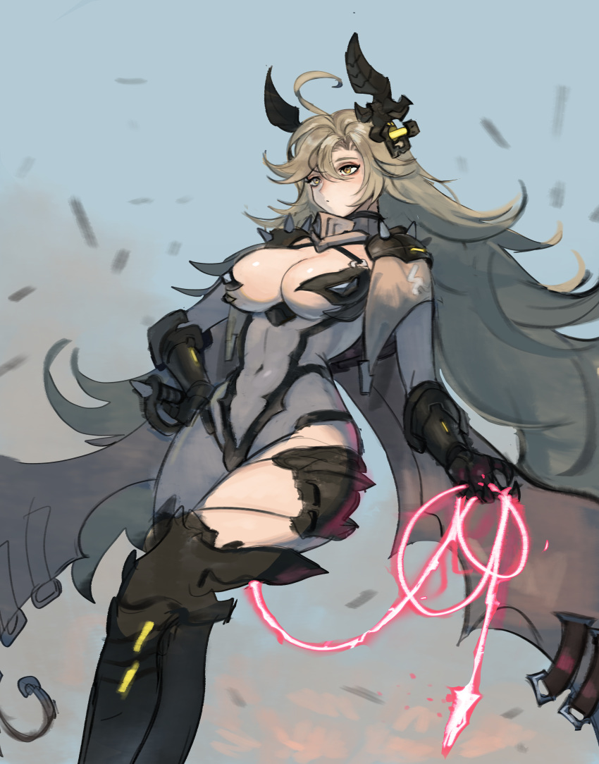 absurdres ahoge armor bad_id bad_pixiv_id bikini_armor blonde_hair boots breasts brown_eyes energy_whip faucre_the_evil_overlord female gomchimaen highres holding holding_whip large_breasts last_origin navel pauldrons shoulder_armor shoulder_spikes solo spikes string_bra thigh_boots thighhighs