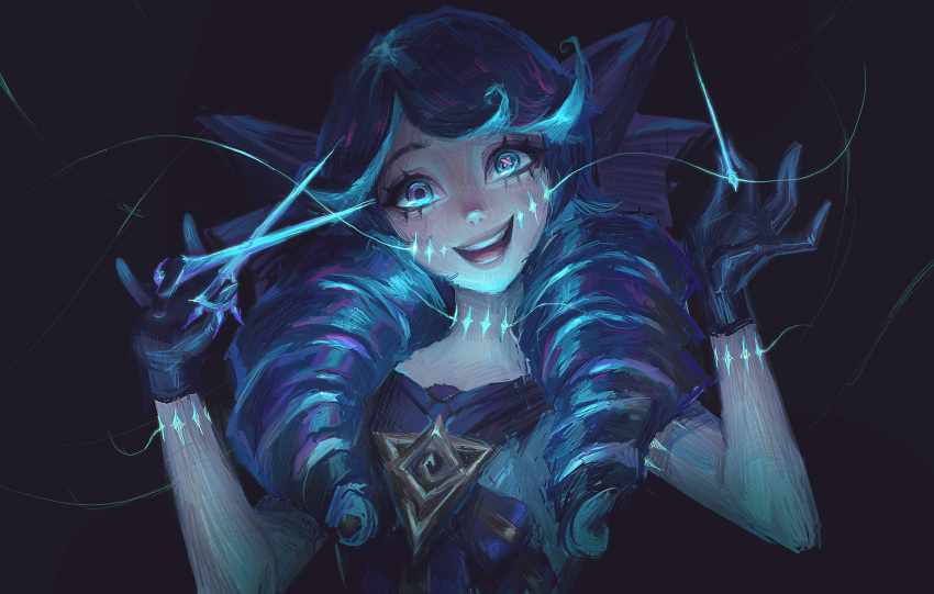 :d black_background black_bow black_gloves bow breasts drill_hair female gloves green_hair gwen_(league_of_legends) hairbow highres holding holding_needle holding_scissors league_of_legends long_hair looking_at_viewer needle scissors smile solo teeth twin_drills twintails upper_body zoe_(crownsforkings)