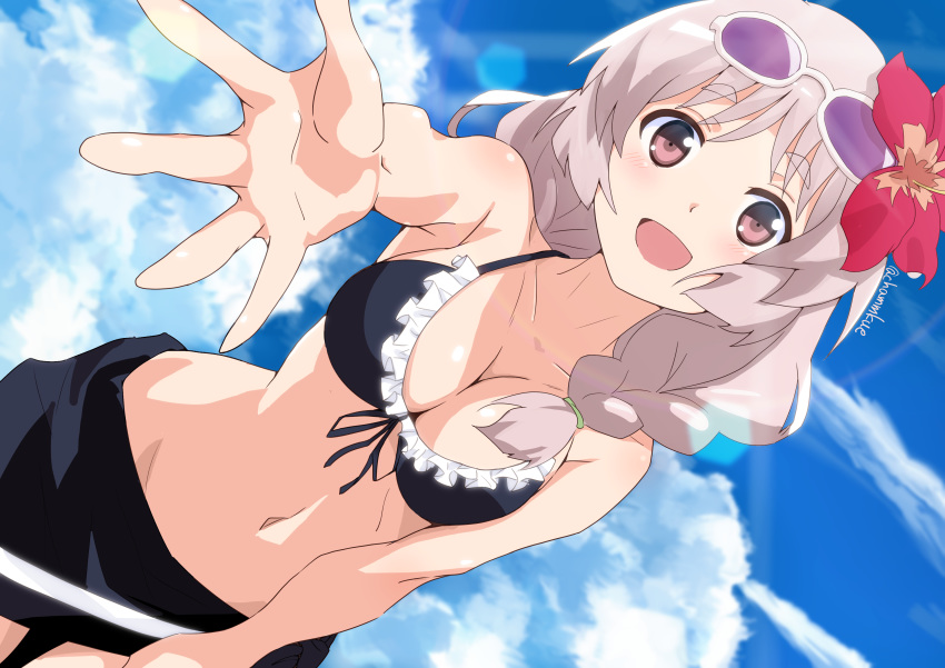 :d absurdres bare_arms bare_shoulders bikini black_bikini black_sarong blue_sky blush braid breasts brown_hair chamu_(chammkue) cleavage cloud collarbone day dutch_angle eyewear_on_head female flower frilled_bikini frills groin hair_flower hair_ornament highres inou-battle_wa_nichijou-kei_no_naka_de kushikawa_hatoko long_hair looking_at_viewer md5_mismatch medium_breasts navel open_mouth outdoors outstretched_arm pink_eyes red_flower sarong sky smile solo swimsuit twin_braids twitter_username white-framed_eyewear