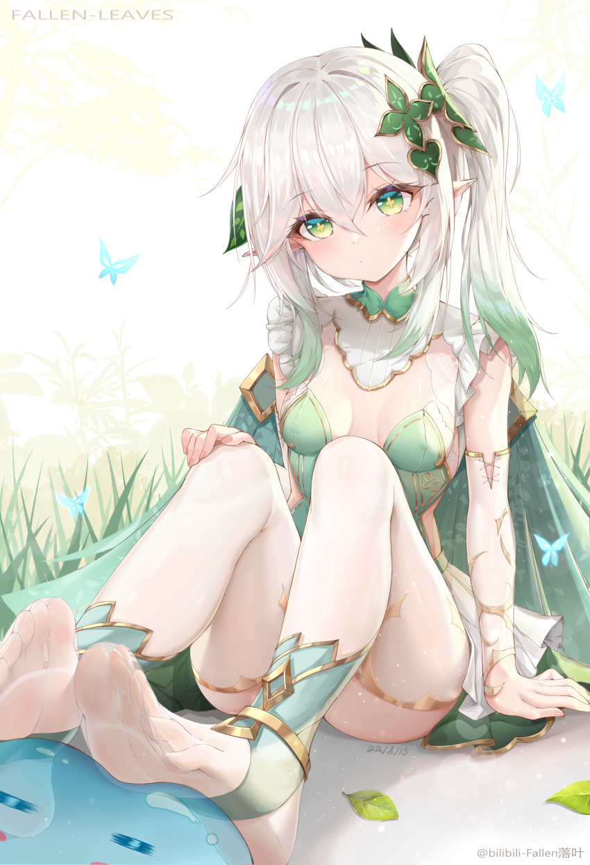 :/ absurdres arm_support artist_name blush blush_stickers breasts breasts_apart bug butterfly closed_mouth clothing_cutout colored_tips covered_nipples cross-laced_clothes dated detached_sleeves dot_nose dress fallen-leaves feet female foreshortening frills full_body genshin_impact gradient_hair grass green_dress green_eyes green_hair hair_between_eyes hair_ornament hand_on_own_knee highres leaf leaf_hair_ornament legs looking_at_viewer medium_hair multicolored_hair nahida_(genshin_impact) no_shoes pointy_ears see-through see-through_legwear side_ponytail sitting slime_(genshin_impact) small_breasts soles solo symbol-shaped_pupils thighhighs toes two-tone_dress white_hair white_thighhighs