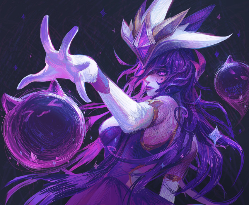 >3< artist_name ball bare_shoulders breasts closed_mouth colored_inner_hair dress dutch_angle elbow_gloves facial_mark female gem gloves hair_between_eyes hair_ornament highres league_of_legends long_hair magic multicolored_hair pink_hair purple_hair star_guardian_(league_of_legends) star_guardian_syndra syndra wrist_cuffs zoe_(crownsforkings)