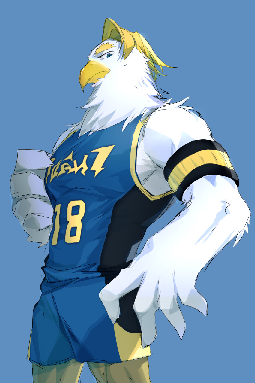 1boy absurdres armband basketball_uniform beak bird_boy black_armband blonde_hair blue_background blue_eyes blue_tank_top chinese_commentary commentary_request cowboy_shot feathers furry furry_male highres looking_at_viewer shabi96522 short_hair simple_background sleeveless sportswear sweat tank_top xiyangyang_yu_huitailang yellow_armband