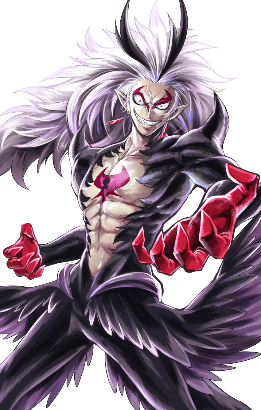 1boy abs absurdres black_hair bodysuit close_(go!_princess_precure) commentary earrings evil_grin evil_smile fingernails go!_princess_precure grin highres jewelry keyhole long_hair male_focus multicolored_hair muscular muscular_male pointy_ears precure red_eyes sharp_fingernails sharumon skin_tight smile solo streaked_hair toned toned_male veins white_hair