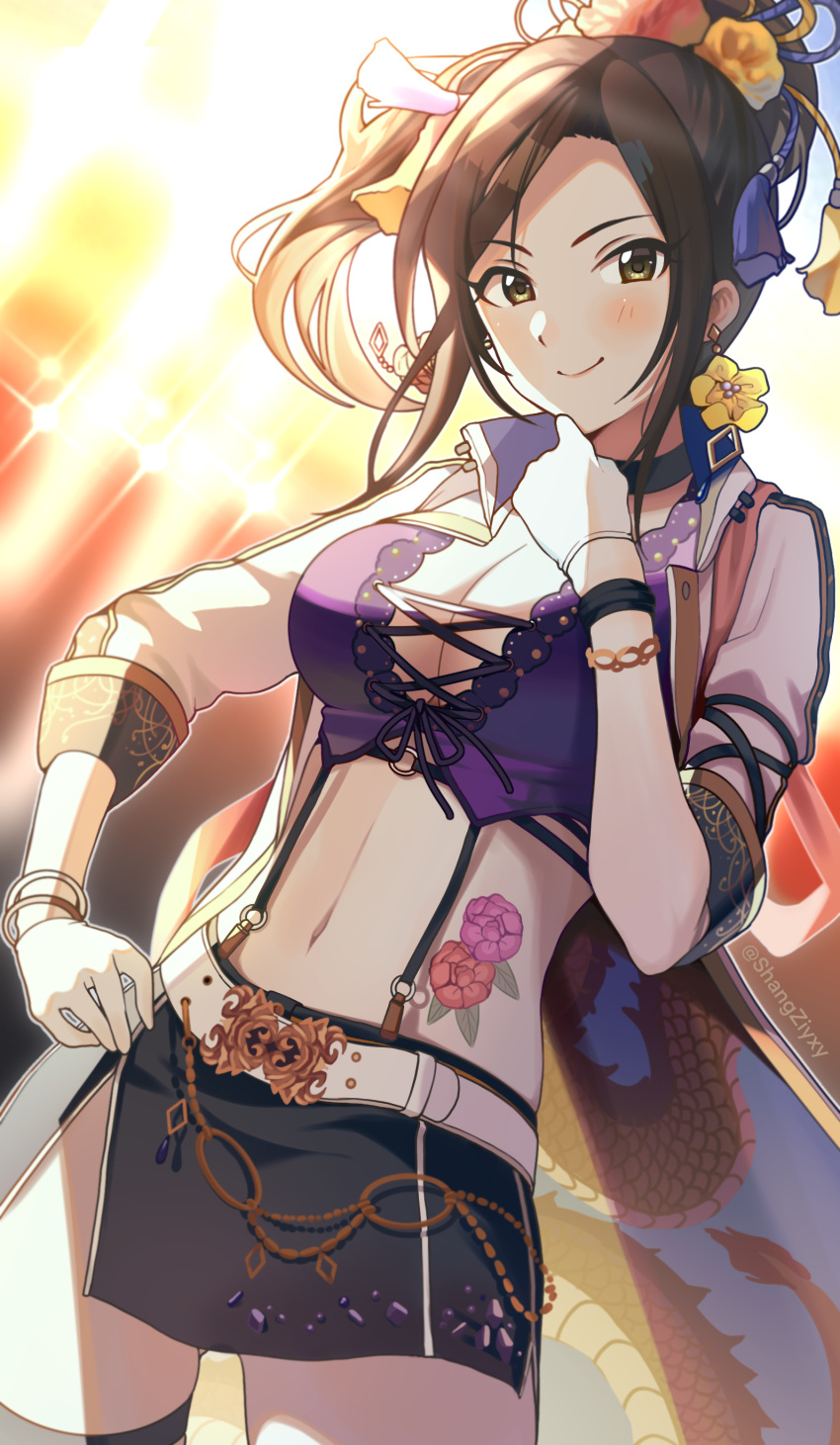 absurdres bangs bracelet breasts brown_hair cleavage cropped_jacket earrings female hand_on_hip high_ponytail highres idol idolmaster idolmaster_cinderella_girls jewelry large_breasts miniskirt mukai_takumi navel parted_bangs shangzi skirt sleeves_folded_up smile standing stomach_tattoo tattoo thighhighs yellow_eyes