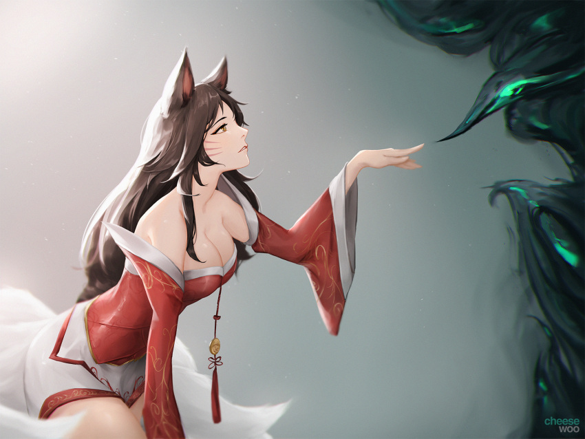 ahri_(league_of_legends) animal_ears artist_name artstation_username black_hair breasts cheesewoo cleavage colored_smoke dress facial_mark female fox_ears fox_girl fox_tail from_side hair_over_shoulder hand_up highres kitsune korean_clothes kyuubi large_breasts league_of_legends long_hair looking_up multiple_tails outstretched_arm parted_lips pointing profile short_dress smoke solo tail tassel whisker_markings yellow_eyes