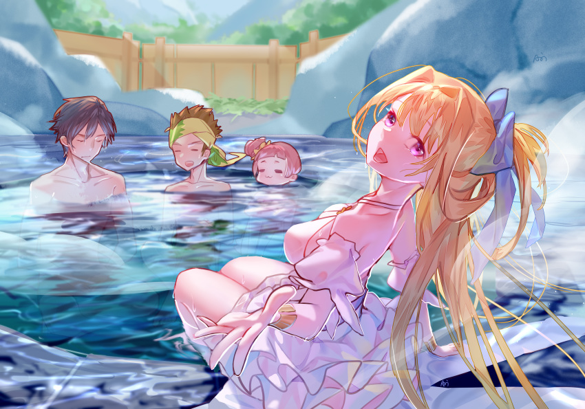 2boys 2girls absurdres belt blonde_hair blue_choker blush bracer breasts chest_strap choker criss-cross_halter dress eruru_(kono_yuusha_ga_ore_tueee_kuse_ni_shinchou_sugiru) hair_intakes halter_dress halterneck highres kono_yuusha_ga_ore_tueee_kuse_ni_shinchou_sugiru long_hair mash_(kono_yuusha_ga_ore_tueee_kuse_ni_shinchou_sugiru) mixed-sex_bathing multiple_boys multiple_girls onsen open_mouth outdoors purple_belt purple_eyes ristarte_(kono_yuusha_ga_ore_tueee_kuse_ni_shinchou_sugiru) ryuuguuin_seiya shared_bathing smile tenshinteki_ari