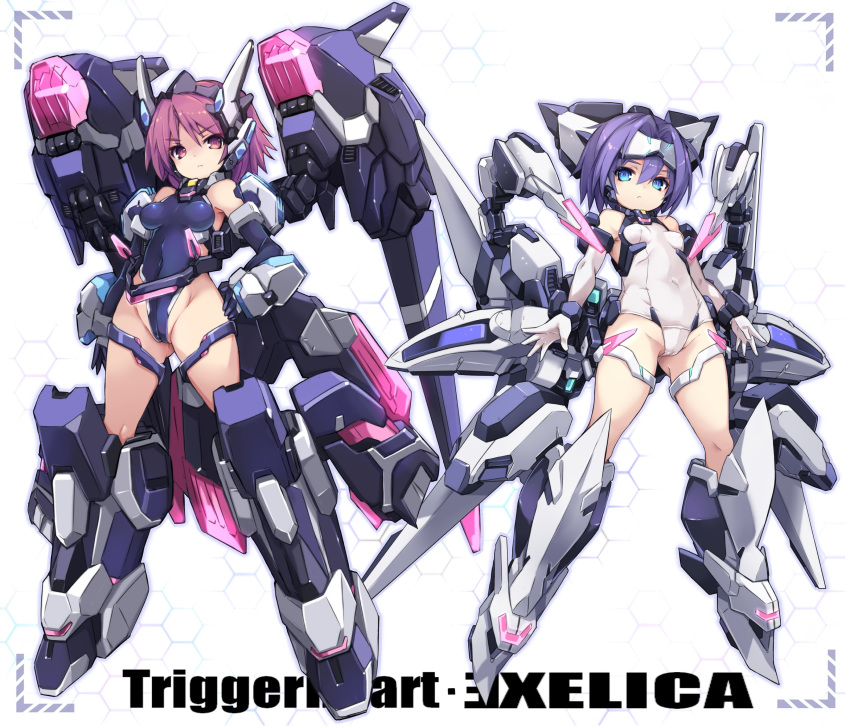 2girls blue_eyes blue_hair breasts crueltear exelica floating hand_on_own_hip highleg highleg_leotard highres karukan_(monjya) leotard mecha_musume multiple_girls open_hands red_eyes red_hair skin_tight small_breasts trigger_heart_exelica