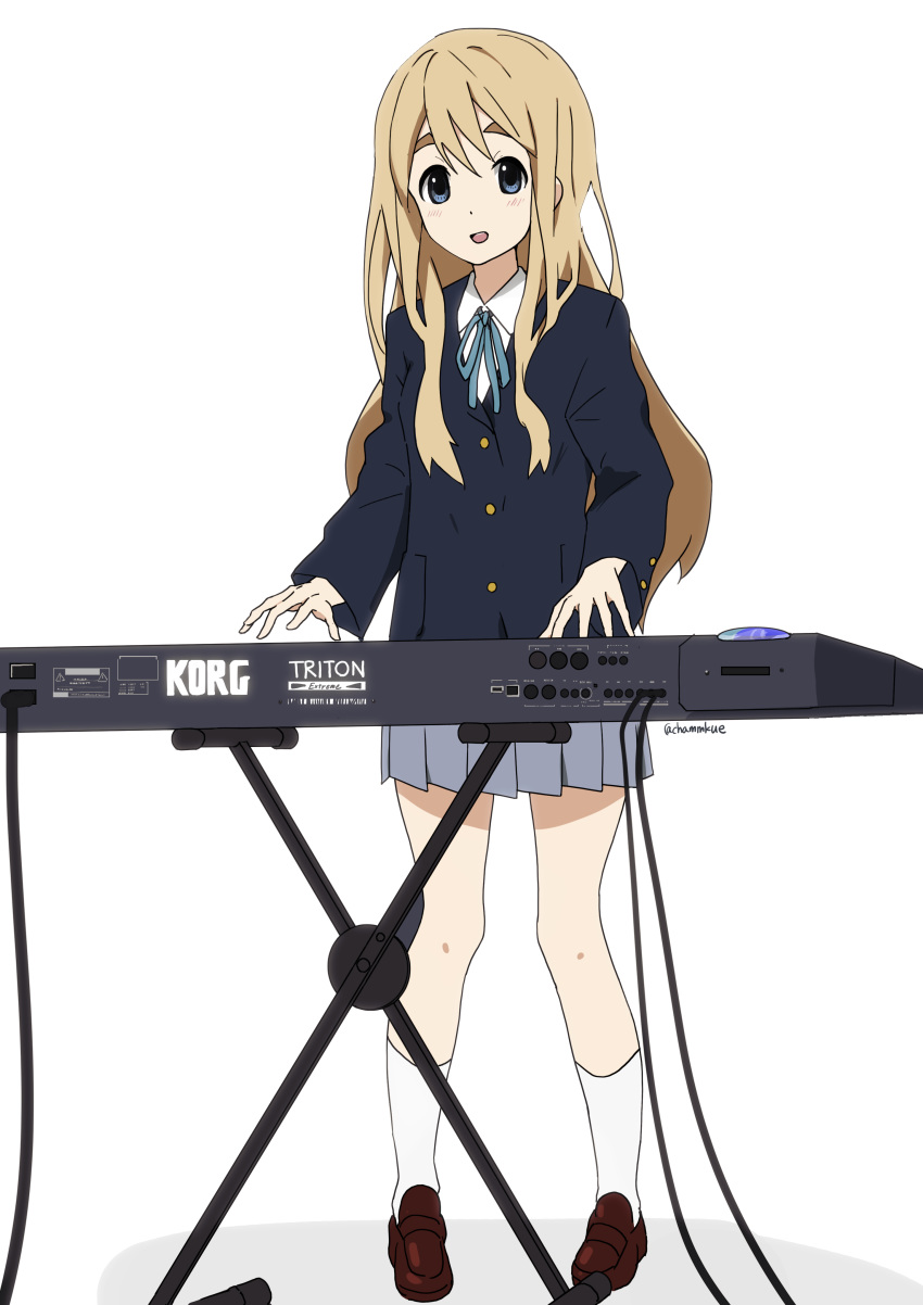 :d absurdres blonde_hair blue_eyes blue_jacket blue_ribbon blue_skirt brown_footwear buttoned_cuffs buttons chamu_(chammkue) collared_shirt eyebrows_hidden_by_hair female highres instrument jacket k-on! keyboard_(instrument) kneehighs korg korg_triton kotobuki_tsumugi legs_apart loafers long_hair long_sleeves md5_mismatch miniskirt music neck_ribbon open_mouth playing_instrument pleated_skirt ribbon sakuragaoka_high_school_uniform school_uniform shirt shoes simple_background skirt smile socks solo standing thick_eyebrows twitter_username white_background white_shirt white_socks winter_uniform