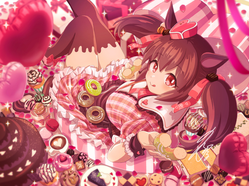 alternate_costume animal_ears apron balloon blurry blush box breasts brown_hair brown_thighhighs cake cake_slice chocolate closed_mouth cookie cup cupcake depth_of_field doughnut dress female food frilled_dress frills gift gift_box hat heart_balloon hishi_akebono_(laughing_at_fondente)_(umamusume) hishi_akebono_(umamusume) holding holding_food horse_ears horse_girl horse_tail large_breasts latte_art long_hair looking_at_viewer macaron mini_hat official_alternate_costume pink_dress pink_footwear plate puffy_short_sleeves puffy_sleeves red_eyes shoes short_sleeves signature sitting solo sparkle tail thighhighs tongue tongue_out twintails umamusume unajiru valentine waist_apron wrist_cuffs