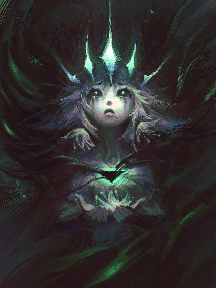 absurdres artist_name black_background black_sclera colored_sclera crown female freckles glowing glowing_crown green_eyes green_hair hands_up highres league_of_legends looking_up medium_hair neeko_(league_of_legends) open_mouth ruined_(league_of_legends) solo tears upper_body zoe_(crownsforkings)