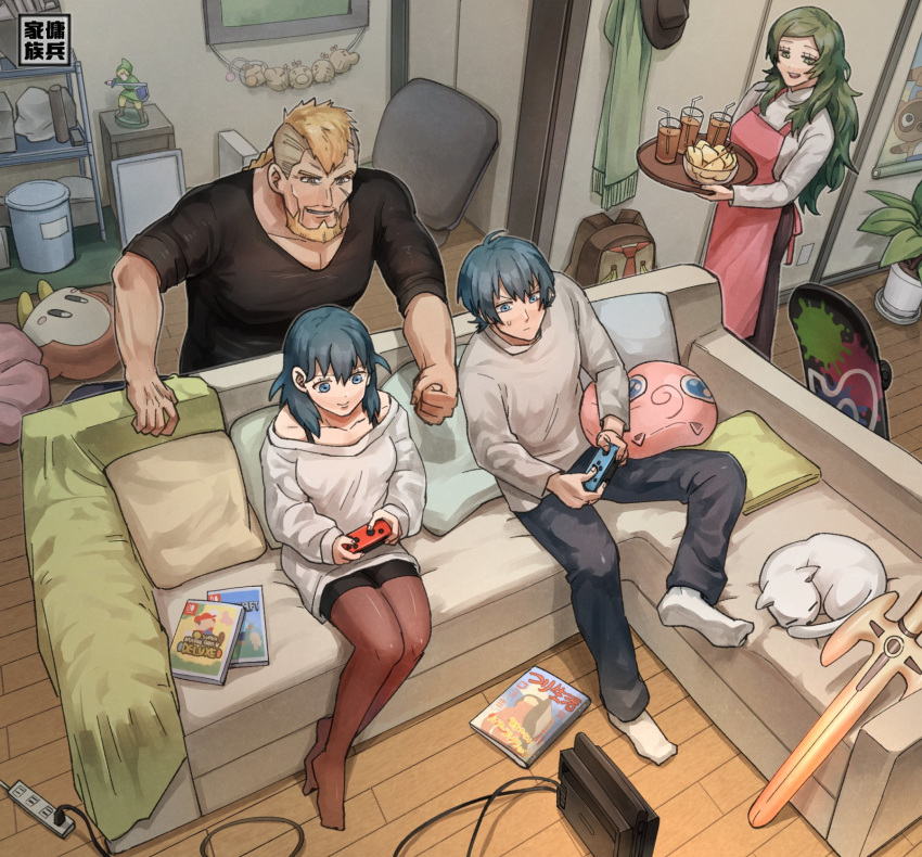 2boys 2girls animal_crossing apron beard blue_hair brown_hair byleth_(female)_(fire_emblem) byleth_(fire_emblem) byleth_(male)_(fire_emblem) commentary contemporary couch doseisan facial_hair family father_and_daughter father_and_son feline fire_emblem fire_emblem:_three_houses glass green_hair highres indoors jeralt_reus_eisner jigglypuff kirby_(series) korokoro_daigorou link long_hair mario_(series) minecraft mother_(game) mother_and_daughter mother_and_son multiple_boys multiple_girls new_super_mario_bros._u_deluxe nintendo_switch pantyhose plant playing_games pokemon pokemon_(creature) potted_plant power_strip scar scar_on_cheek scar_on_face scarf sitri_(fire_emblem) sitting skateboard sleeping_animal smile stuffed_toy sweater the_legend_of_zelda tom_nook_(animal_crossing) tray waddle_dee wooden_floor